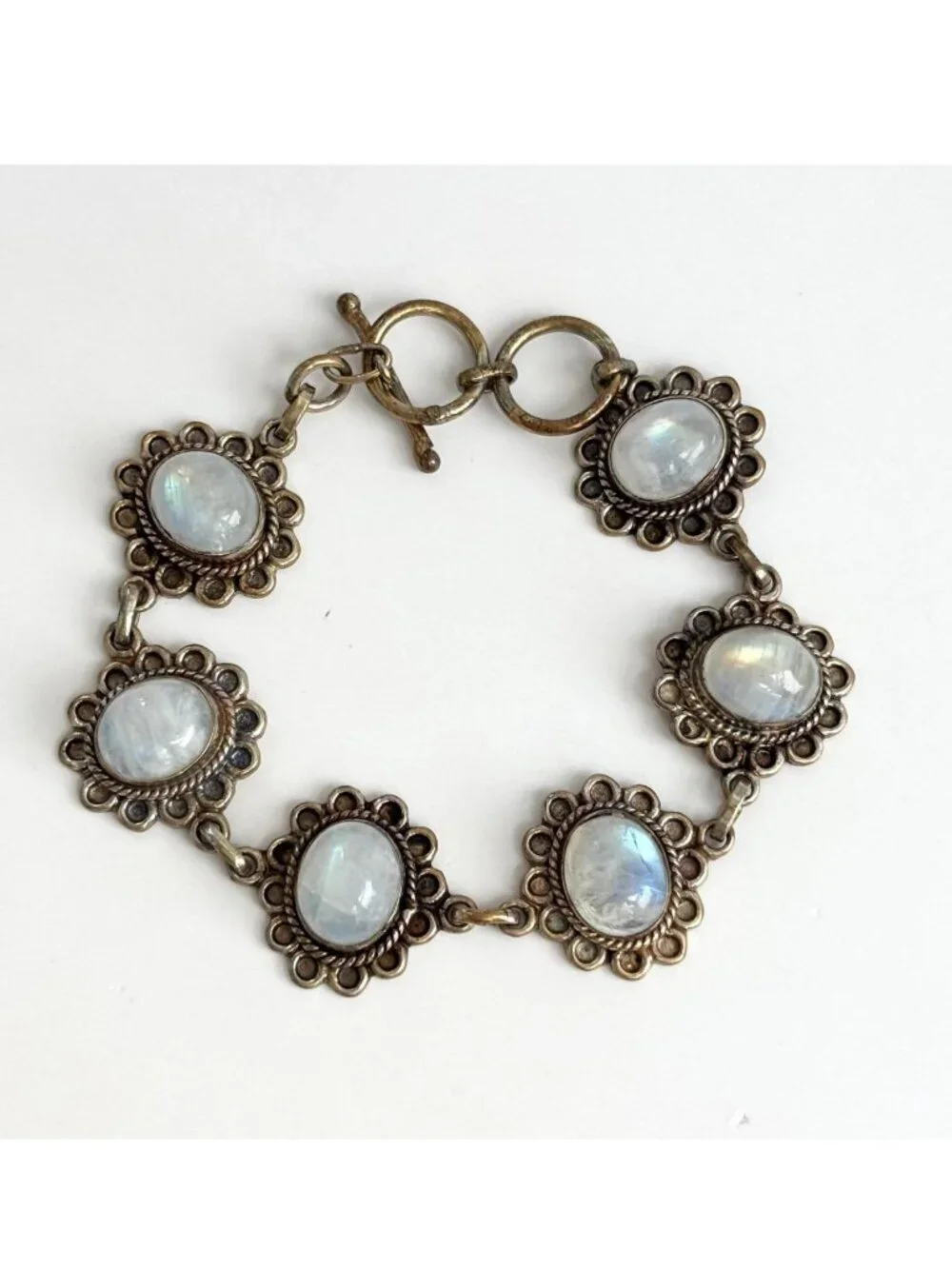 Iridescent Moonstone Vermeil Floral Sterling Silver 925 Vintage Bracelet
